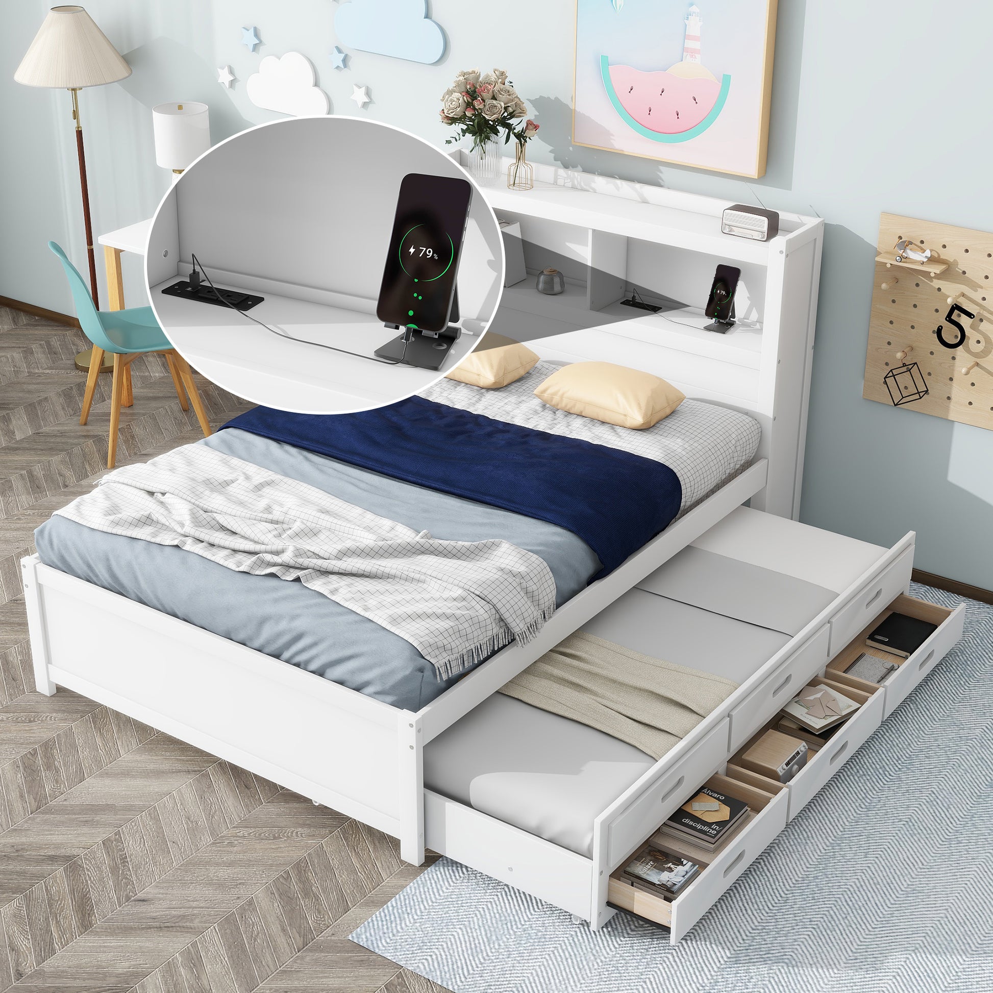 White twin bed frame with drawers