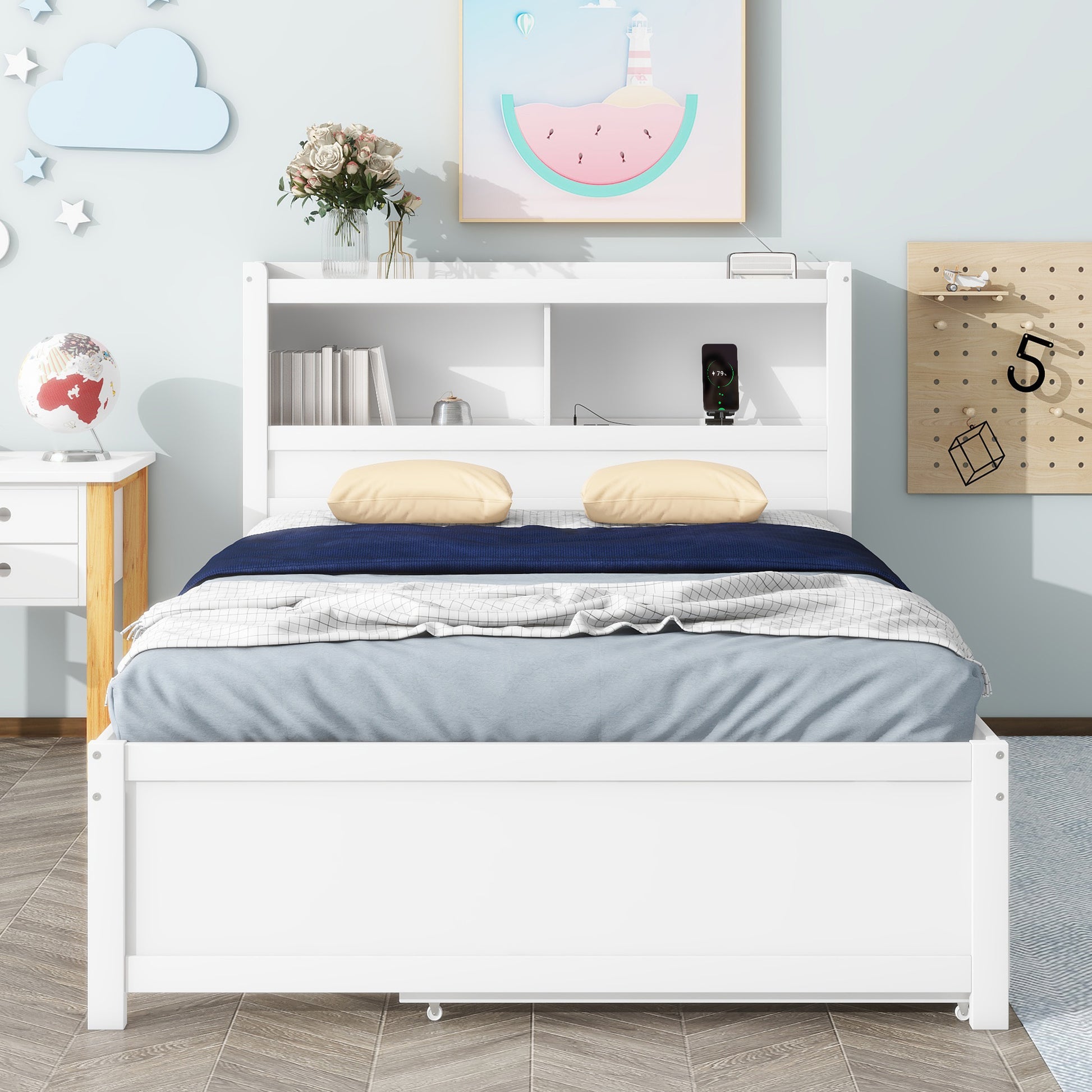White wooden kids bed frame with bookcase headboard and charging station