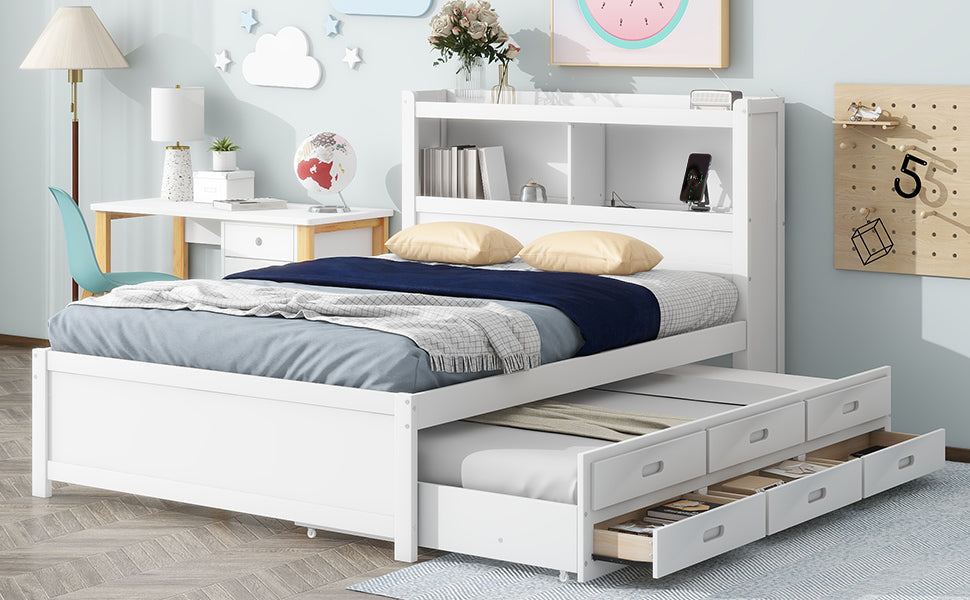 White twin bed with pullout trundle and three storage drawers