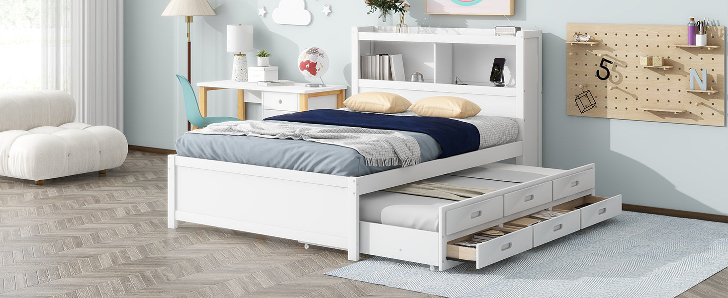 White twin daybed with pullout trundle and three storage drawers