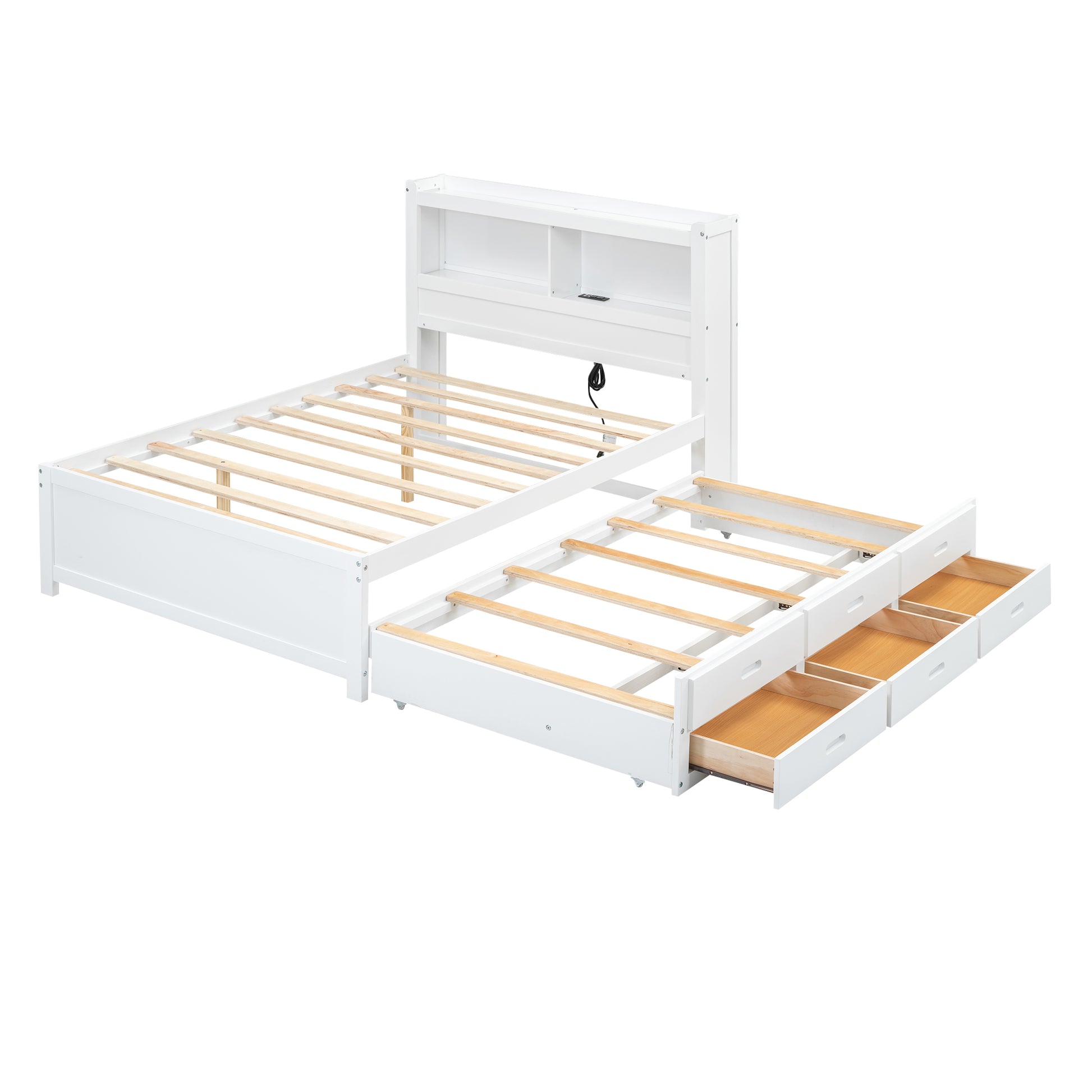 White twin bed frame with builtin bookshelf headboard and three storage drawers