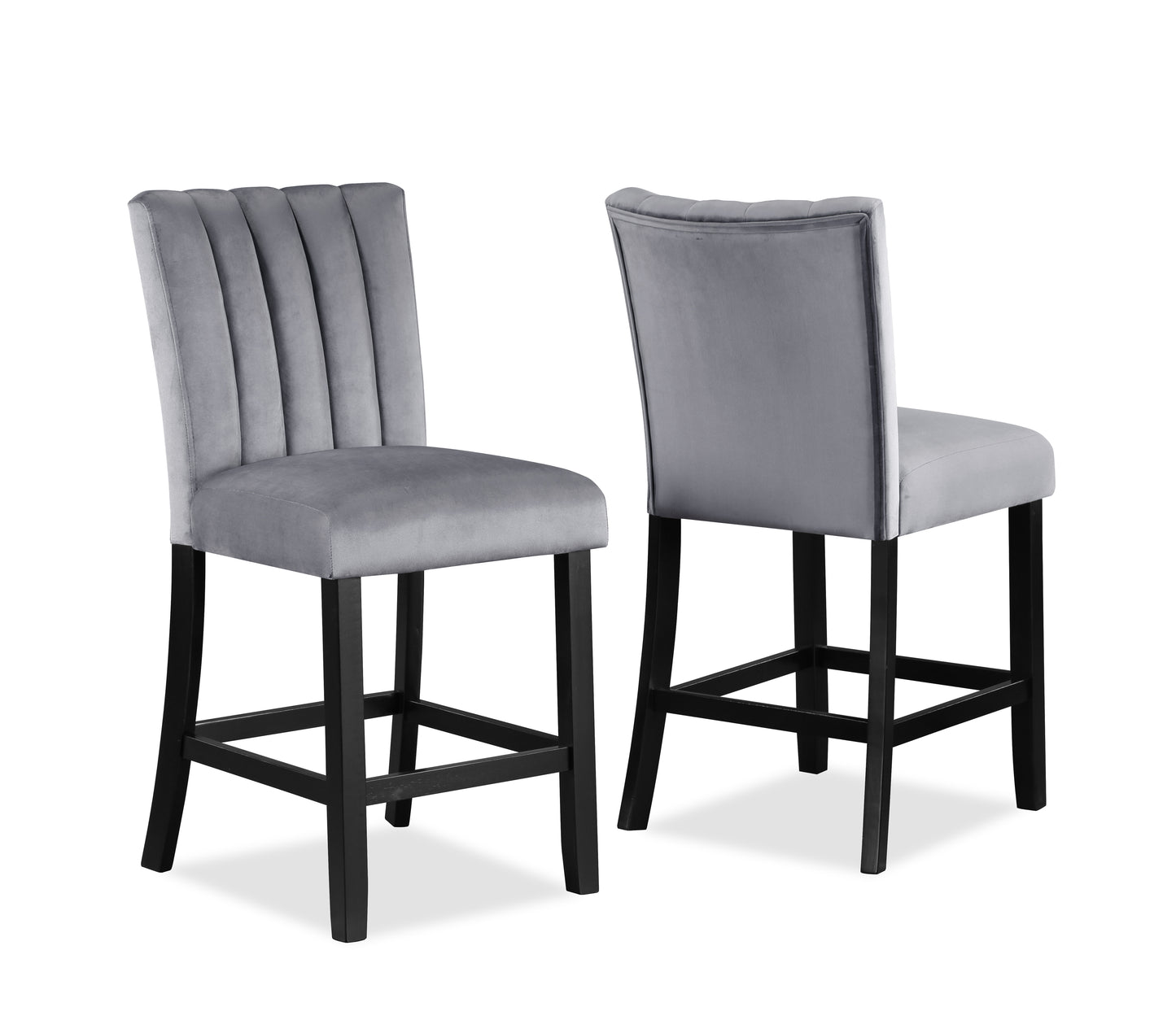 Elegant grey velvet channel tufted bar stool with black wooden legs