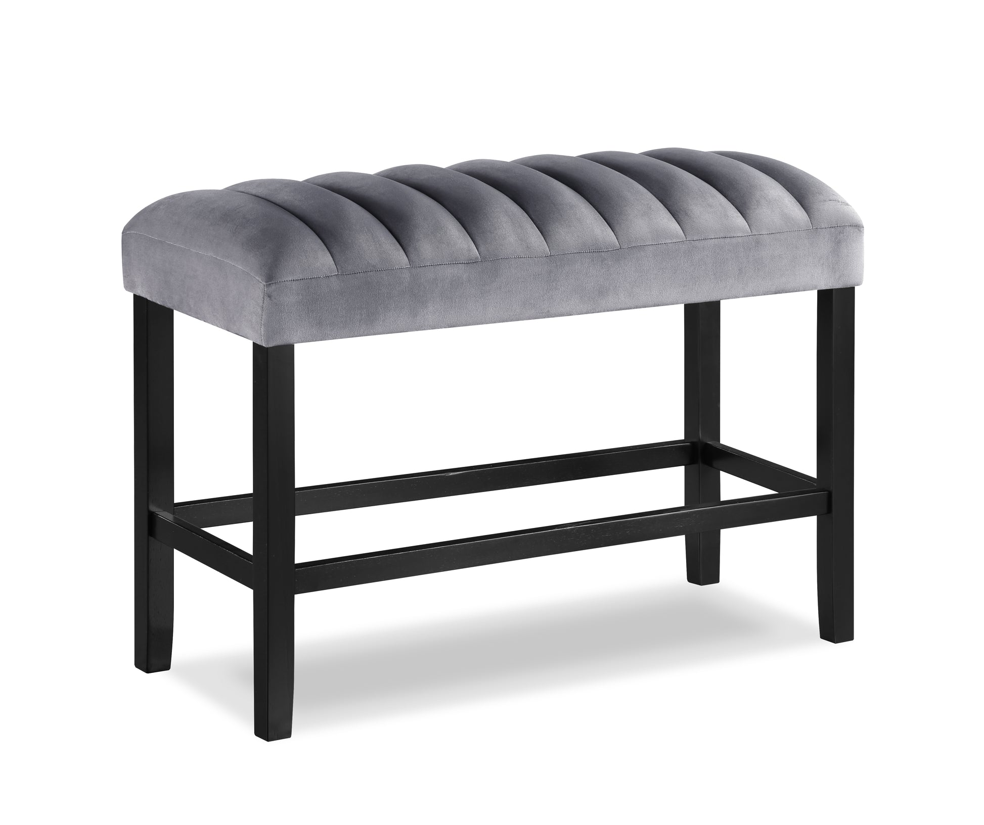 Grey velvet channel tufted bench with black wooden legs