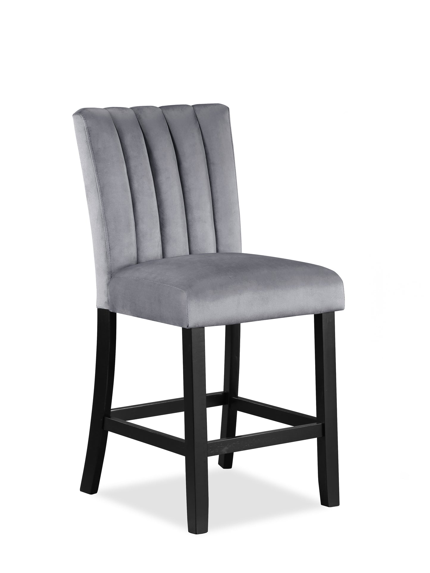 Grey velvet channeltufted counter stool with black wooden legs