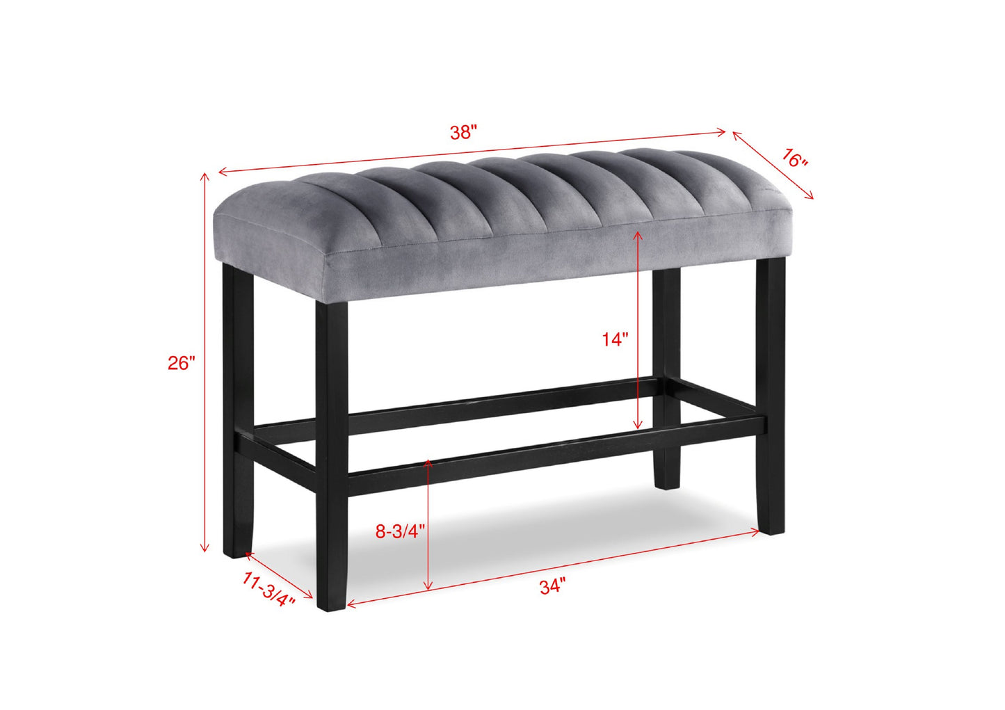 Grey velvet channel tufted bench with black wooden legs
