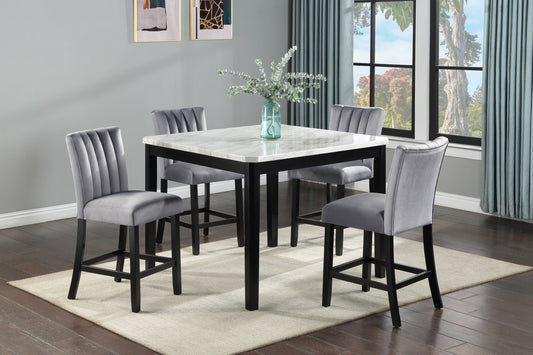 Gray velvet channeltufted bar stools and square marbletop pub table set