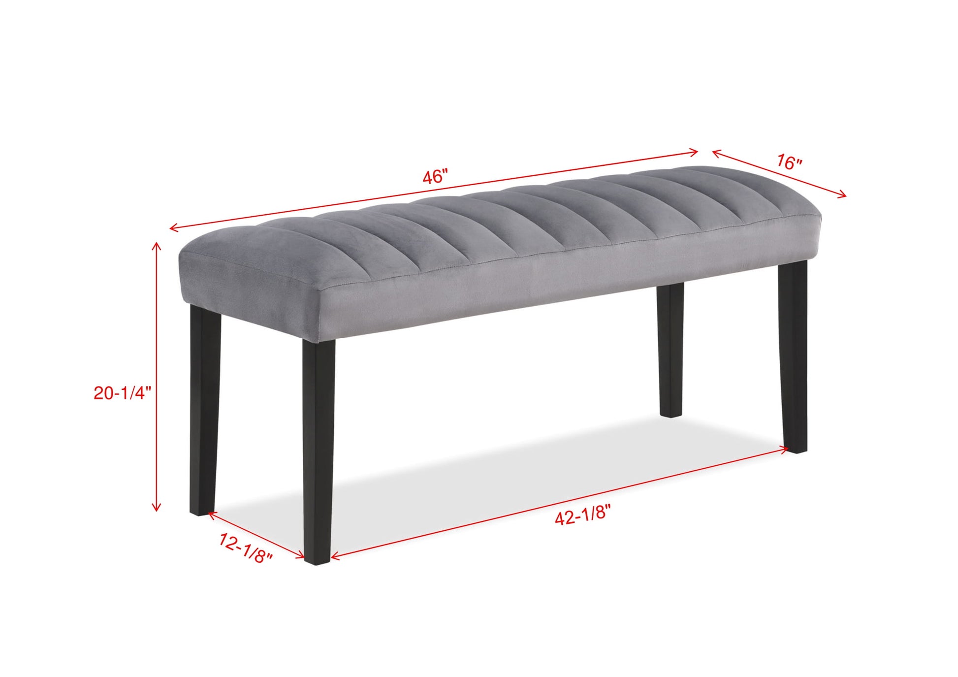 Grey velvet channel tufted bench with dark wooden legs  inches long