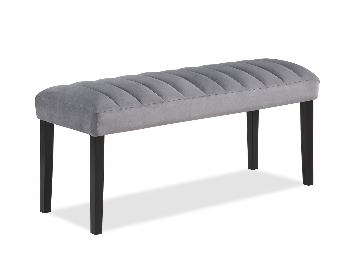 Tufted grey velvet bench with black wooden legs