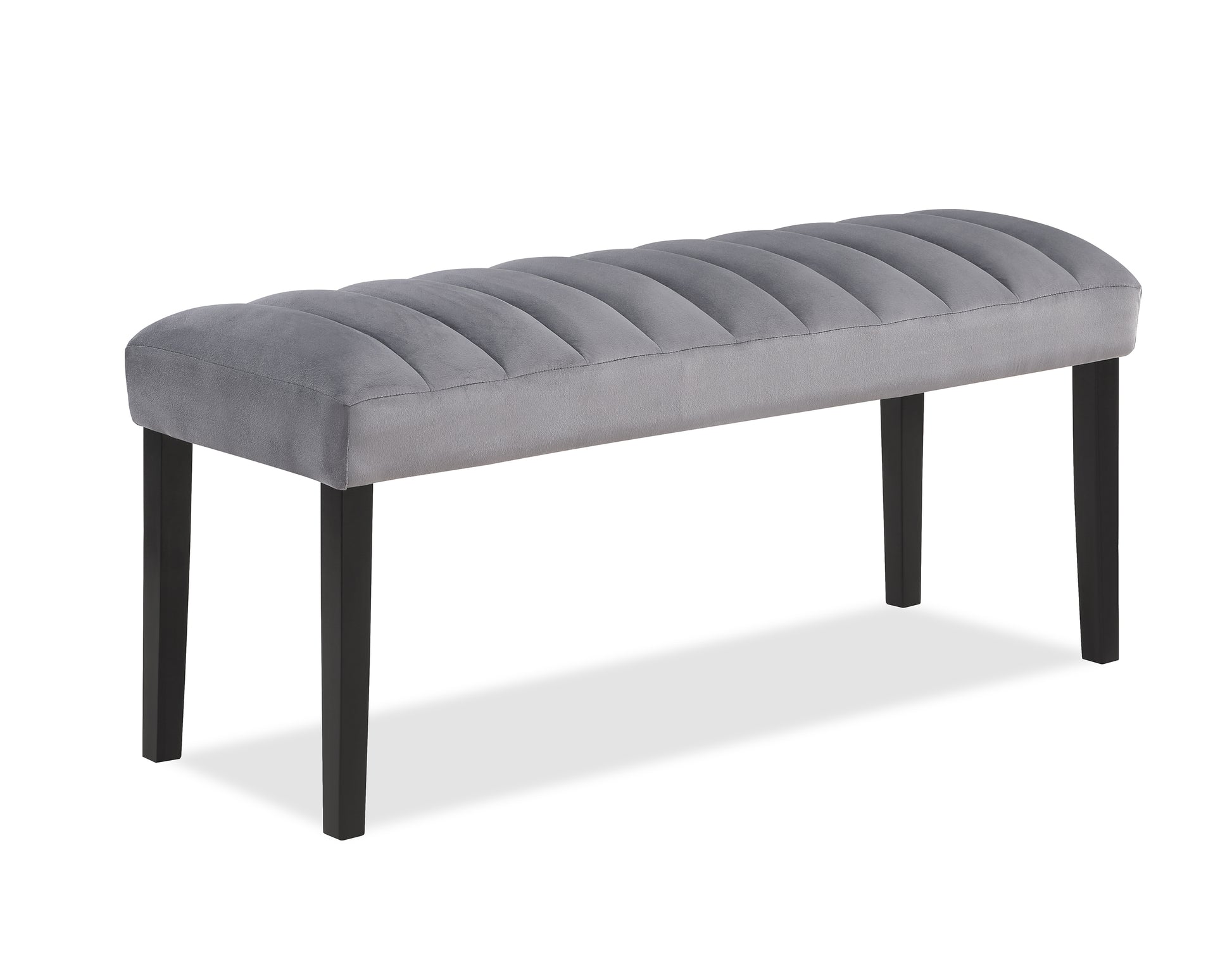Tufted grey velvet bench with black wooden legs