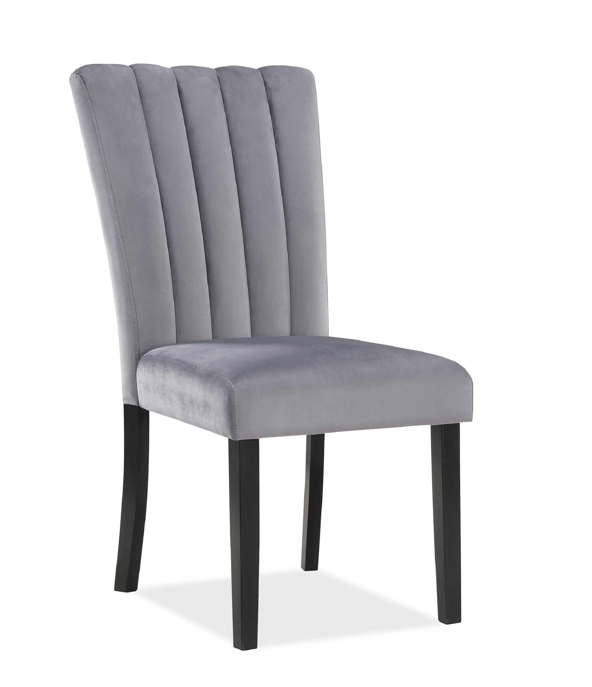 Grey velvet dining chair with channel tufting and dark wood legs