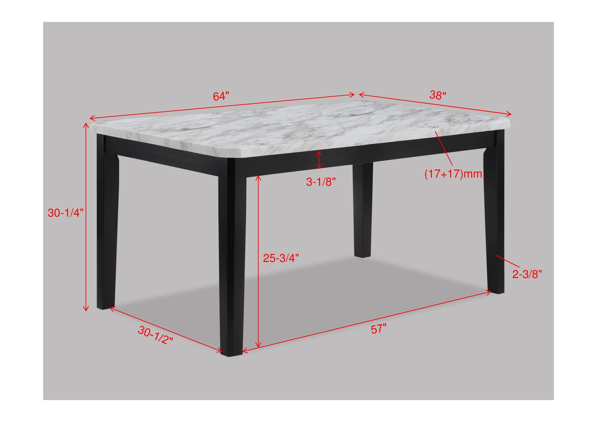 Rectangular dining table with a white marblelook top and black legs
