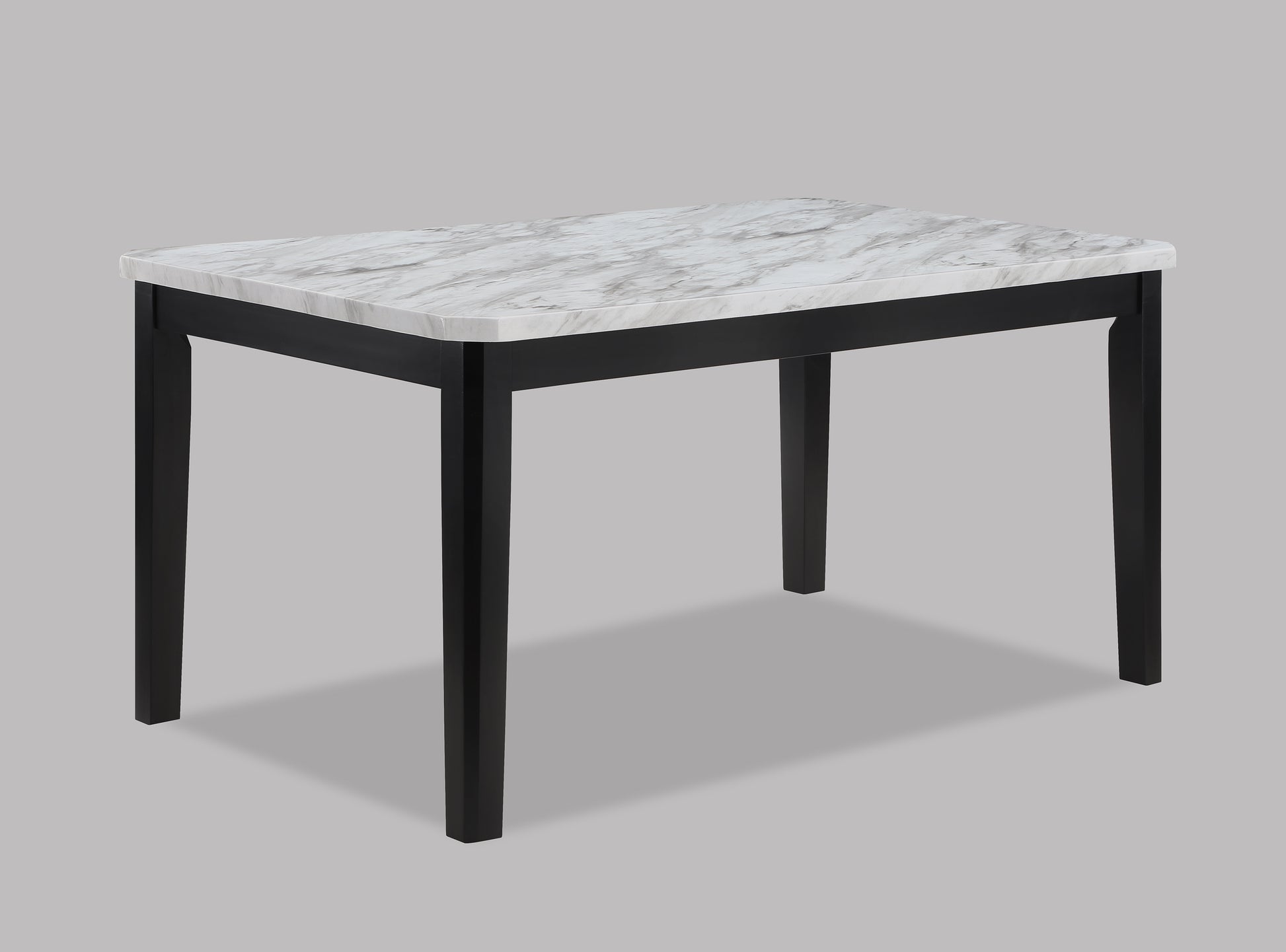 Rectangular dining table with faux marble top and black wood base