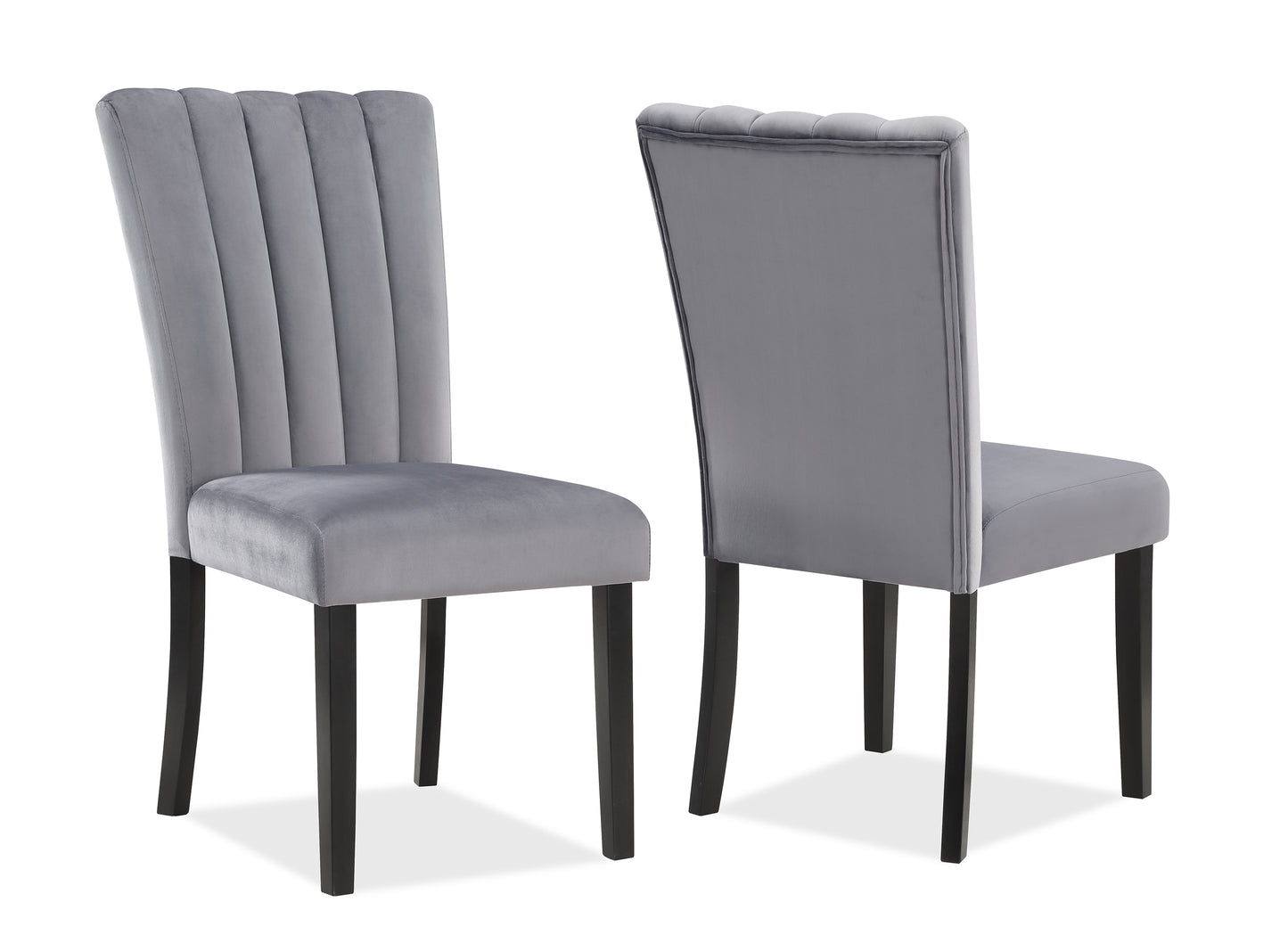 Grey velvet dining chair with channel tufted back and dark wood legs