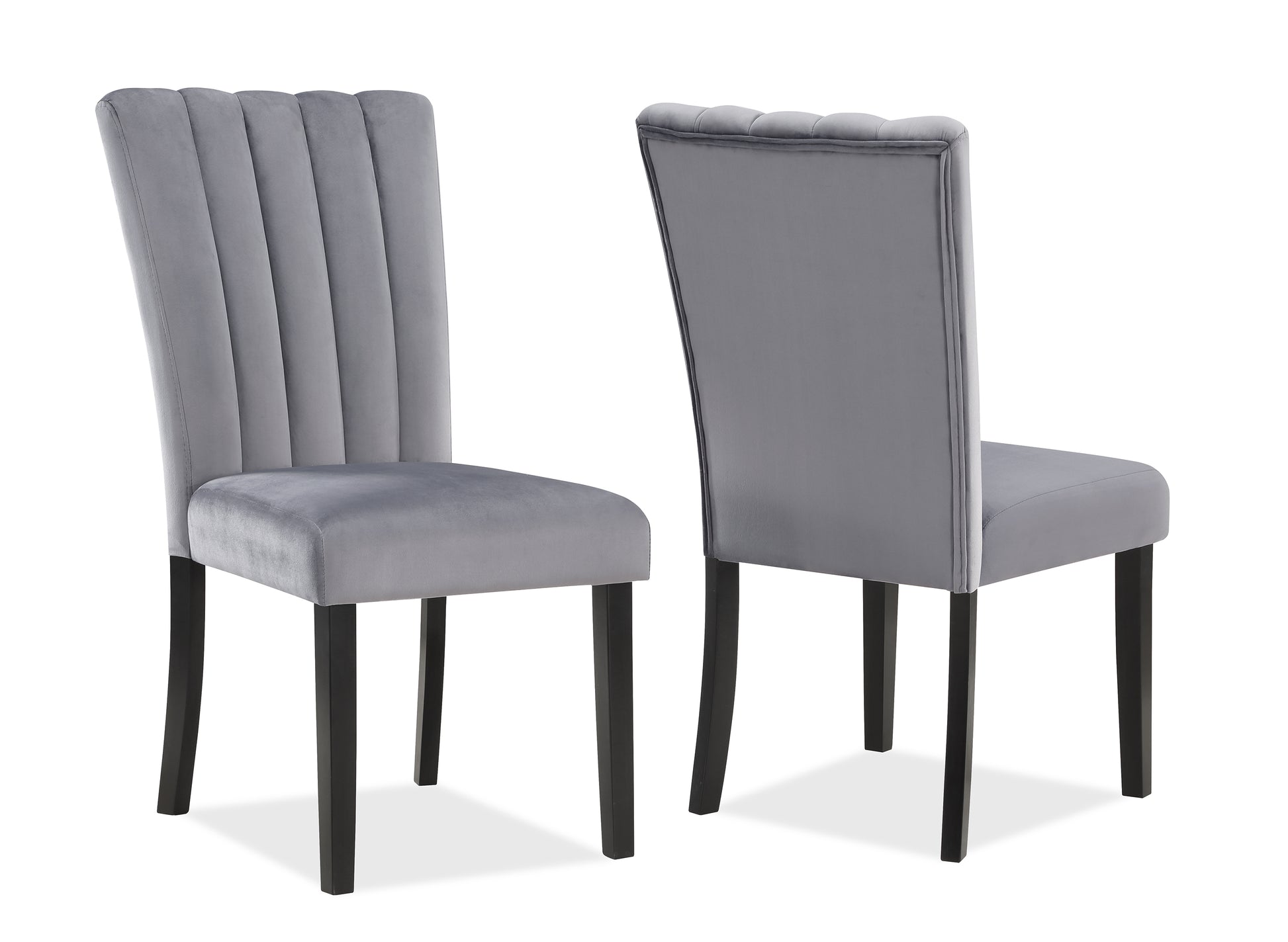 Grey velvet dining chair with channel tufted back and dark wood legs