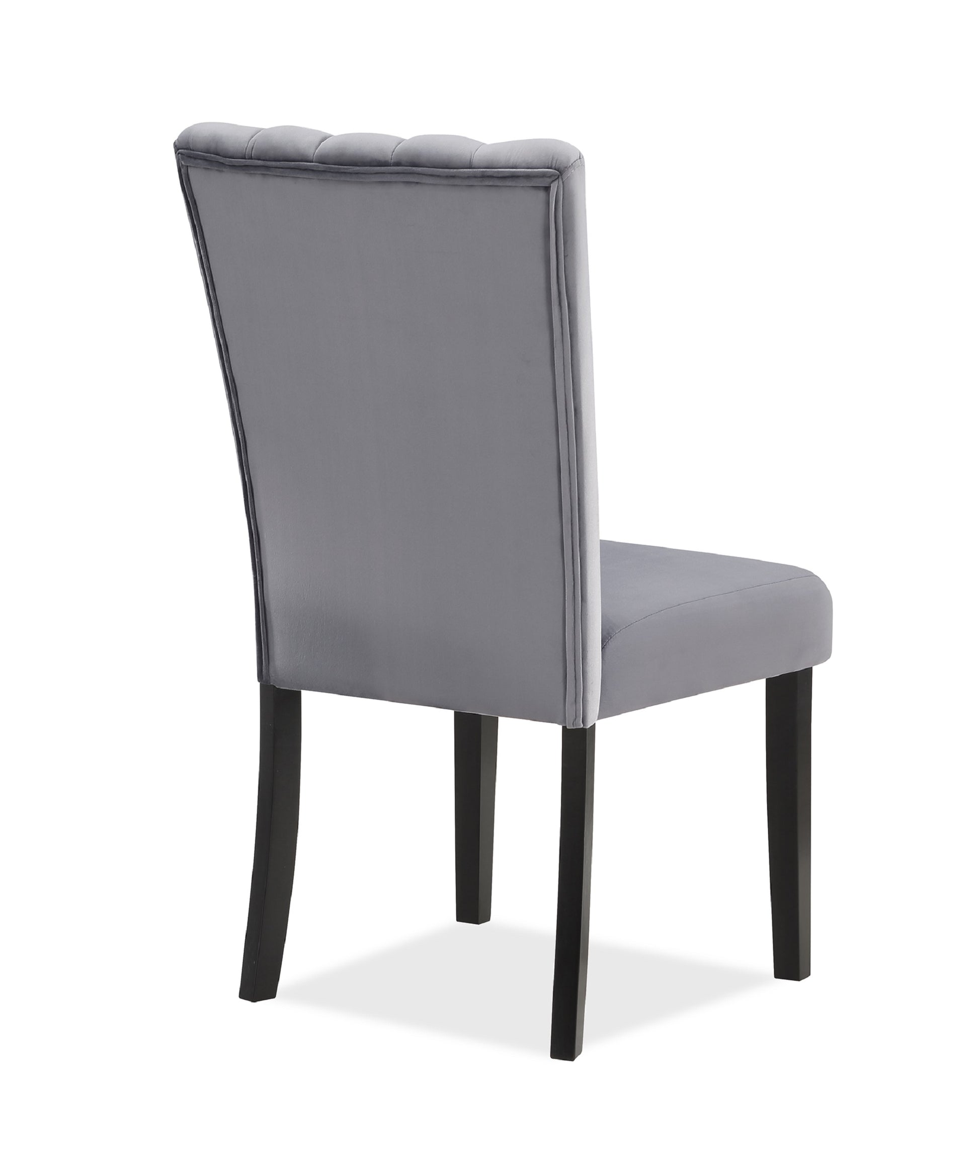 Tufted grey velvet dining chair with dark wood legs