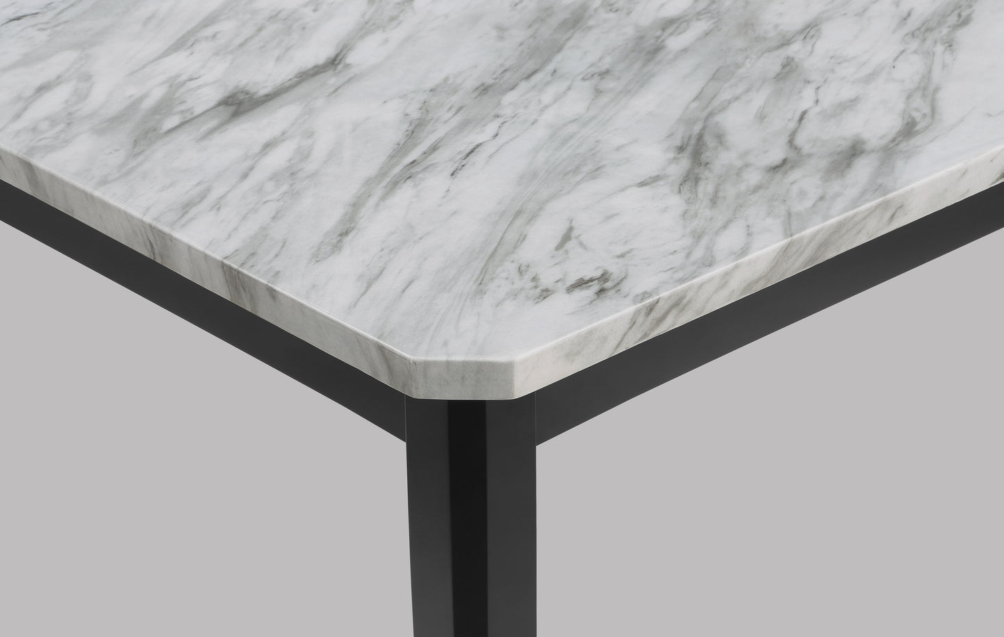 Marble top dining table corner with matte black legs