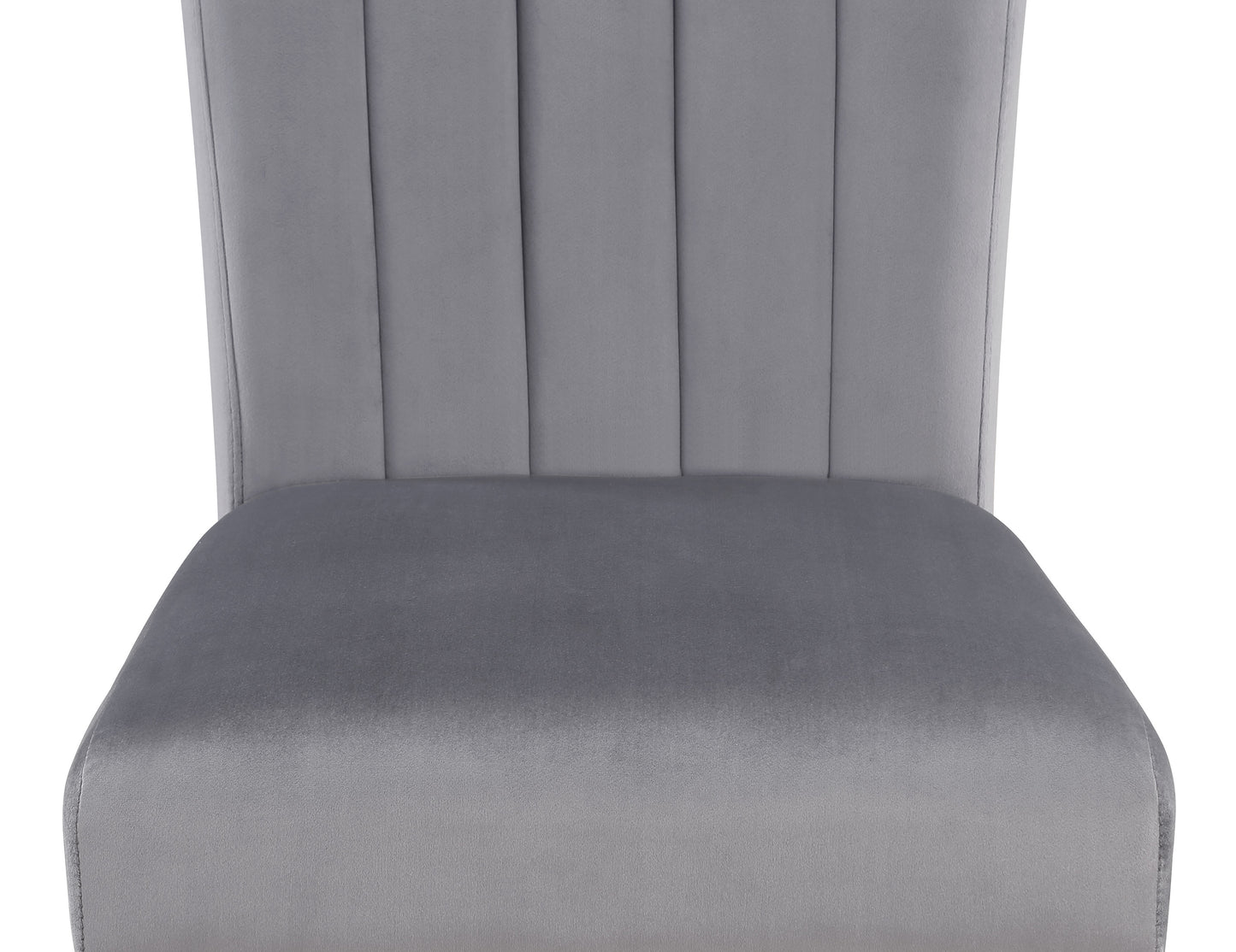 Closeup of plush grey velvet dining chair seat