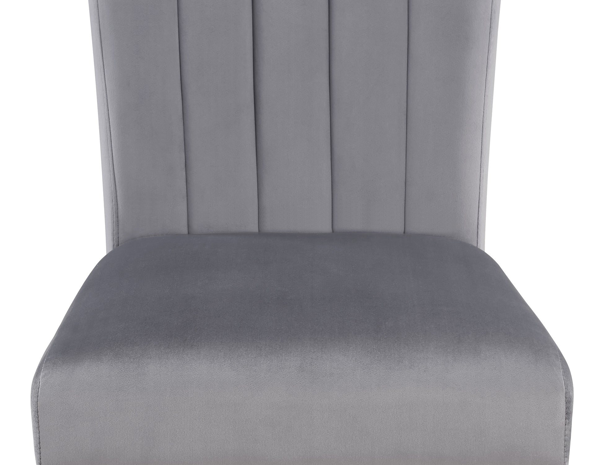 Closeup of plush grey velvet dining chair seat