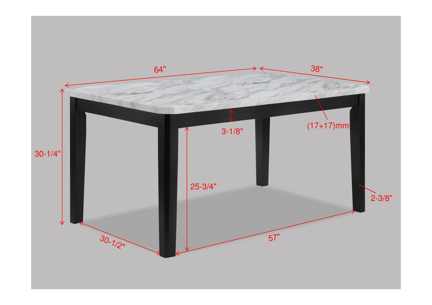 Rectangular dining table with marblelook top and black legs
