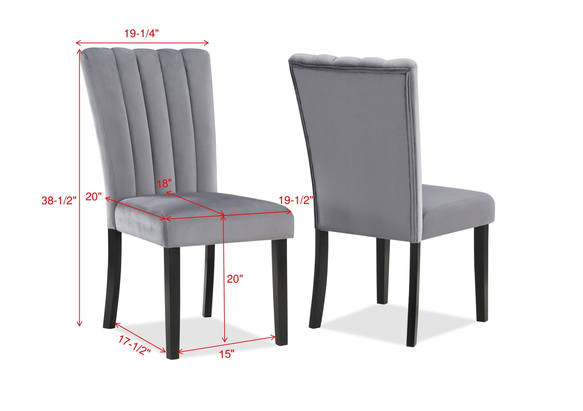Gray velvet dining chair with channel tufting and dark wood legs