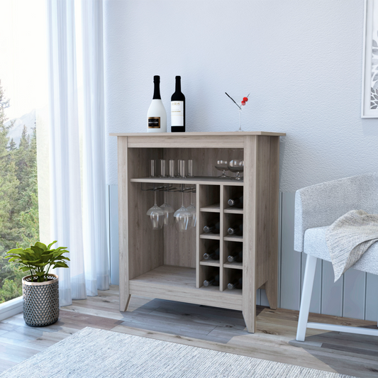 Light oak wine cabinet with stemware racks and bottle storage