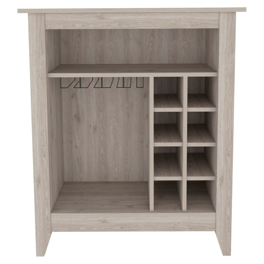 Light oak bar cabinet with wine glass rack and liquor bottle shelves