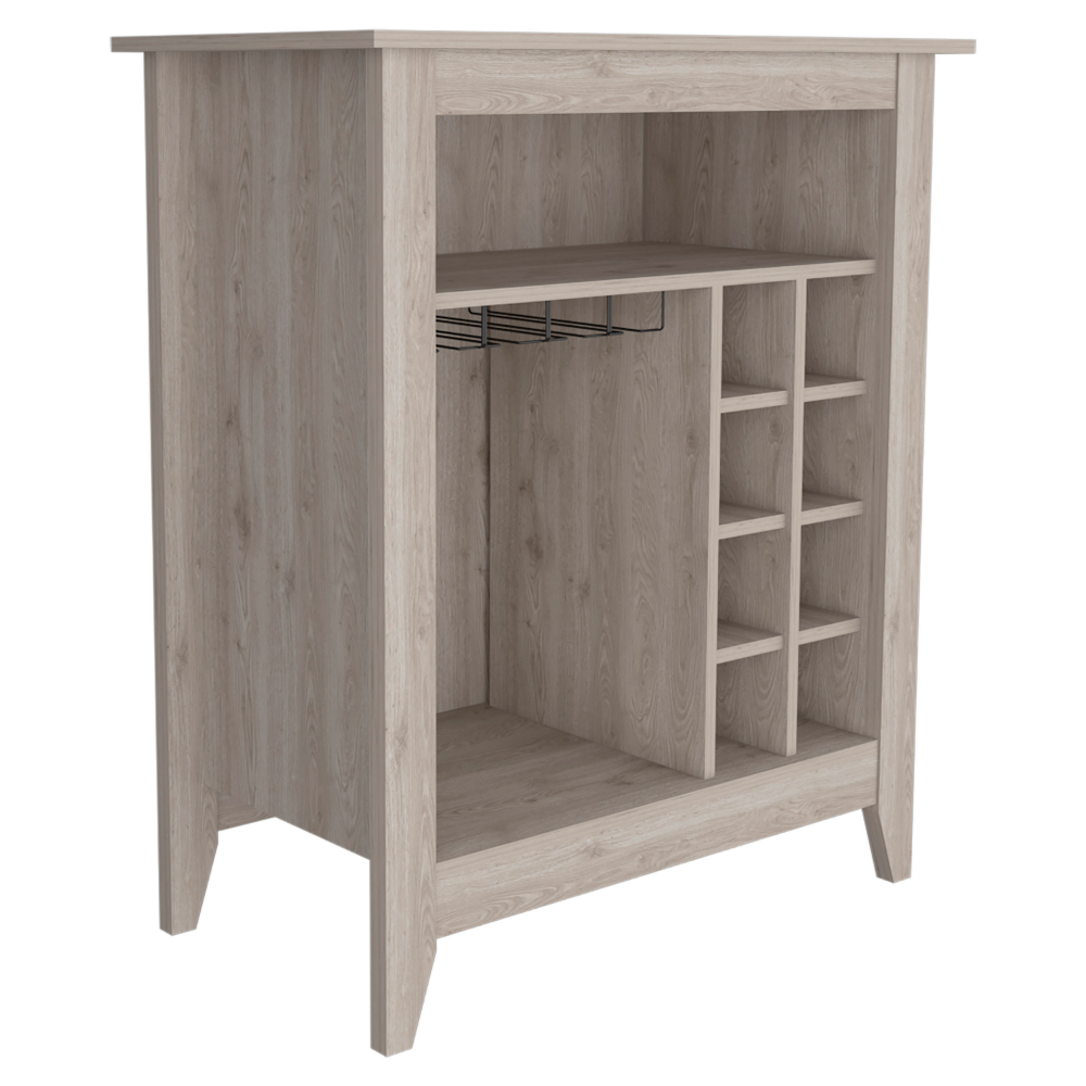 Light wood tone bar cabinet with wine rack and glass holder