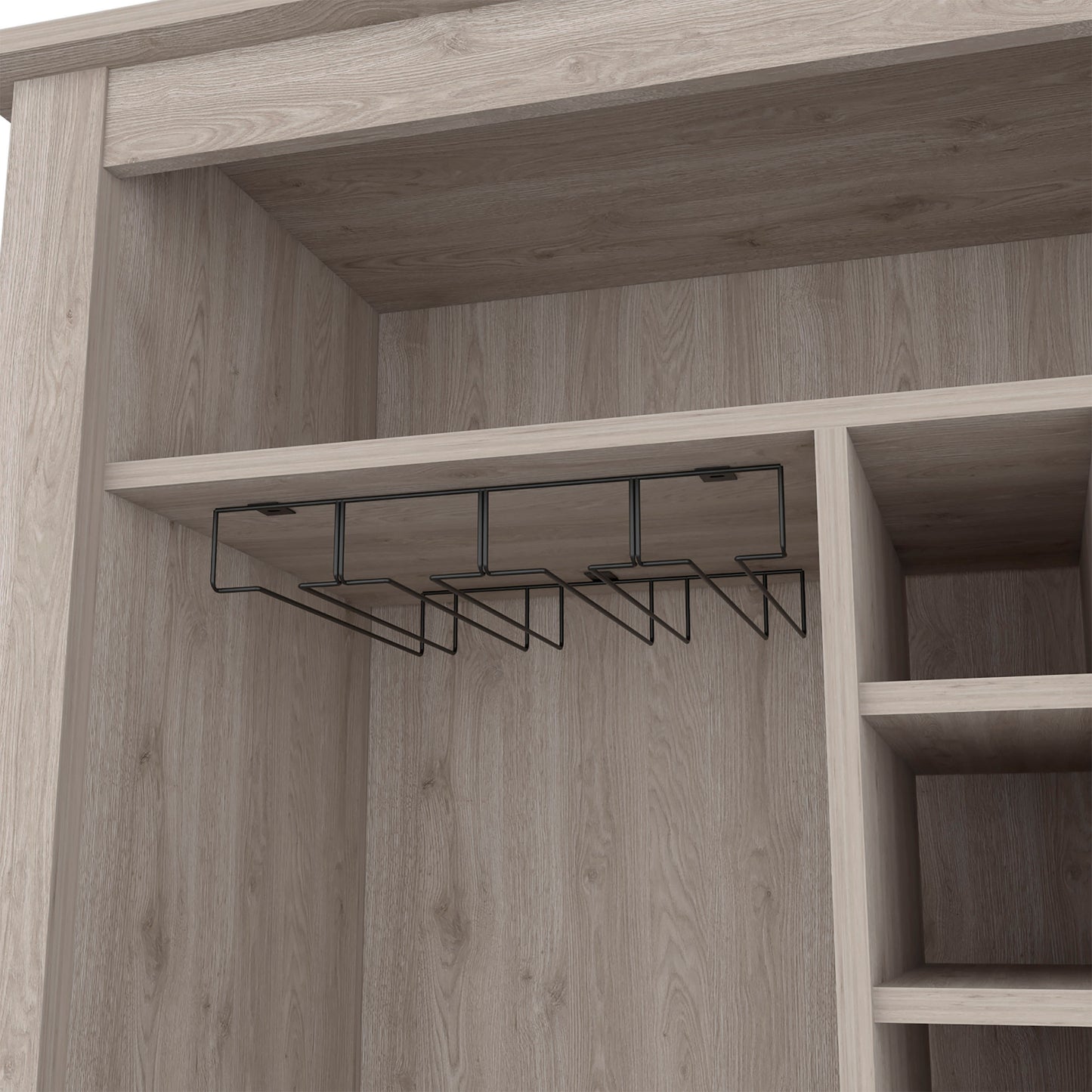 Light oak wood wine rack with black metal stemware holders