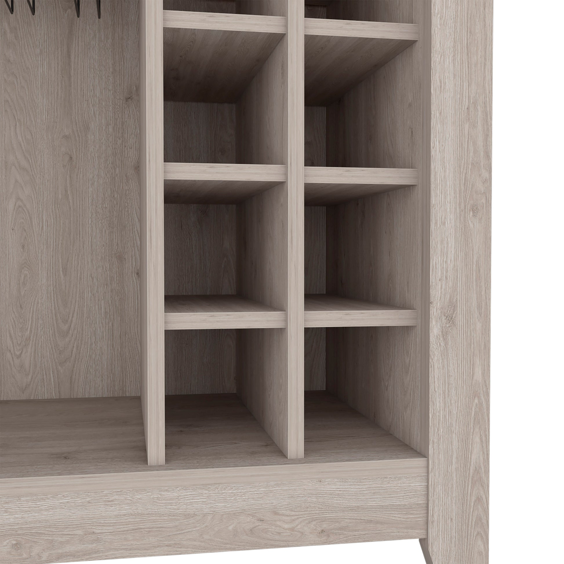 Light oak wood closet organizer with multiple shelves