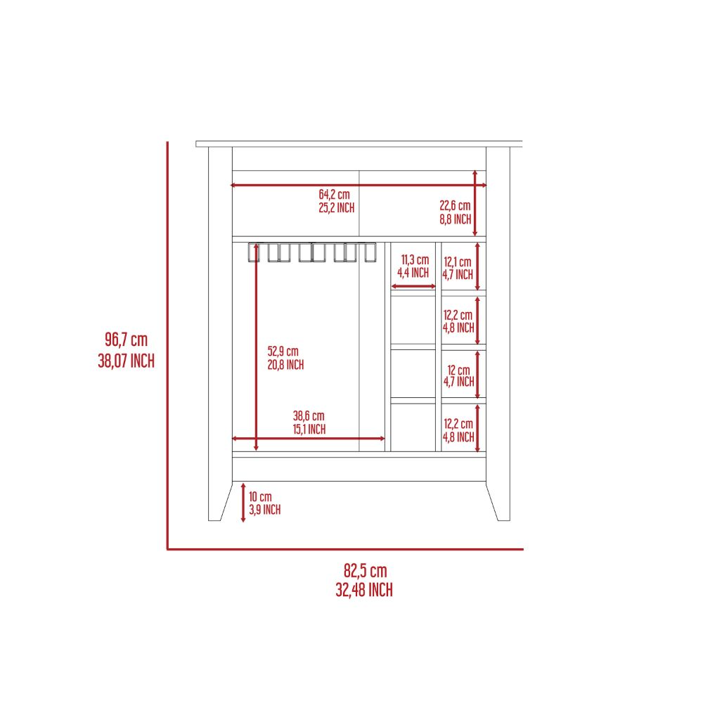 Diagram of a bar cabinet with dimensions labeled in cm and inches