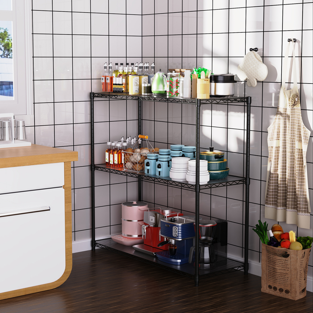 Black wire shelving unit filled with kitchenware