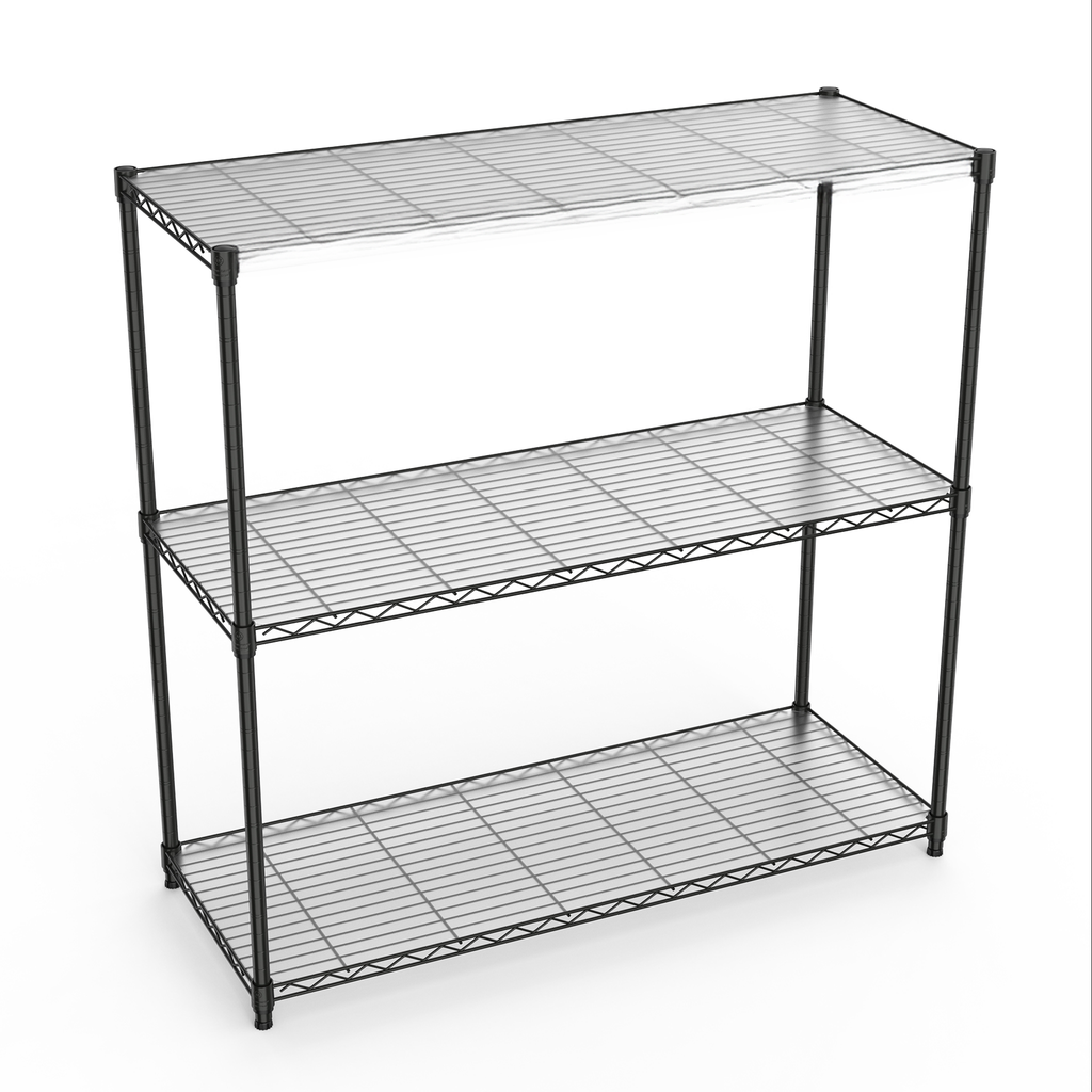 Black tier wire shelving unit with adjustable shelves