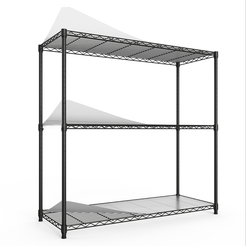 Black wire shelving unit with three shelves