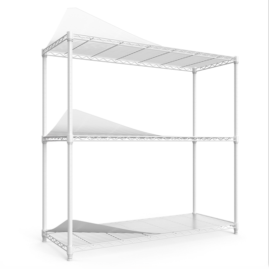 White wire shelving unit with three tiers and protective plastic liners