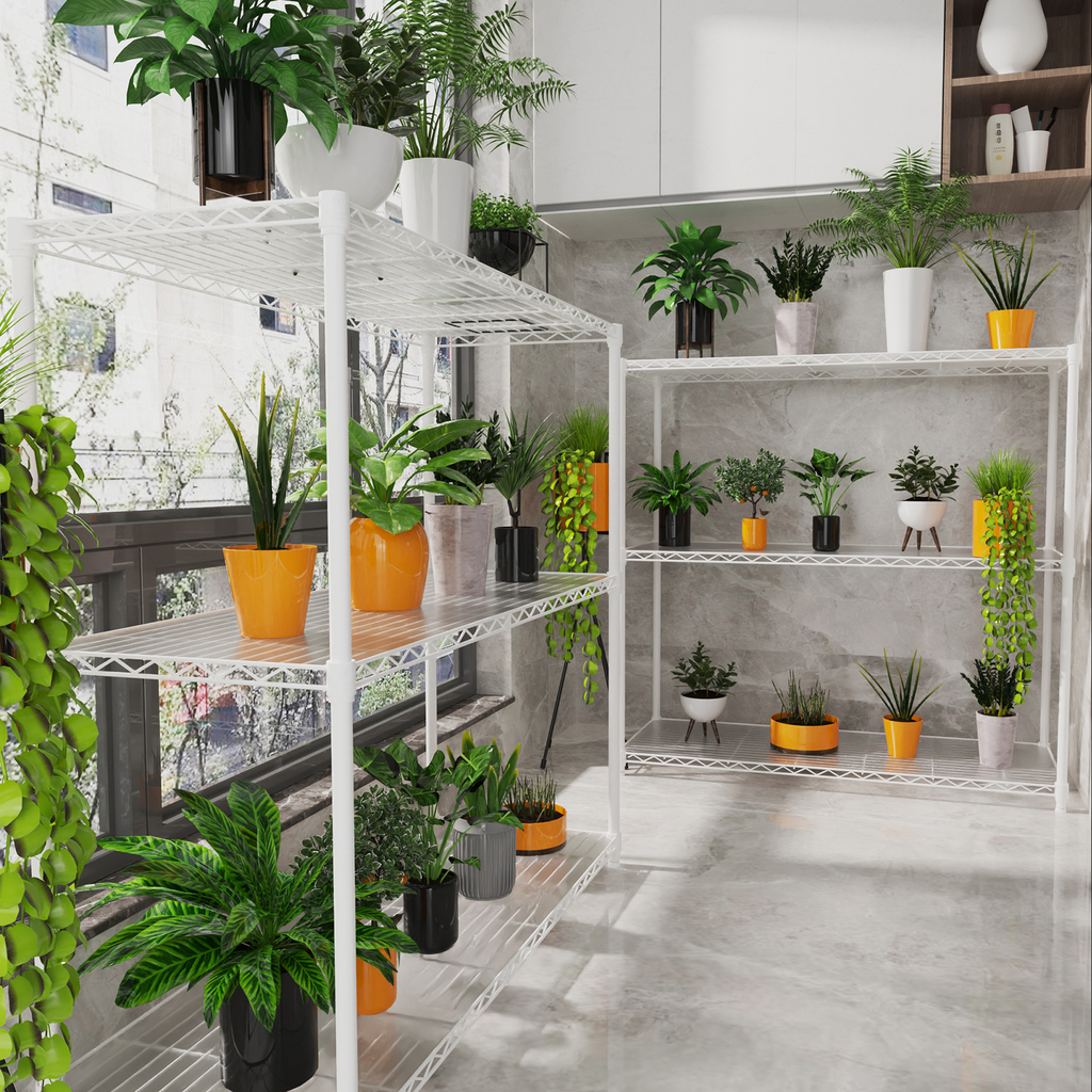 White wire shelving unit displaying various potted plants