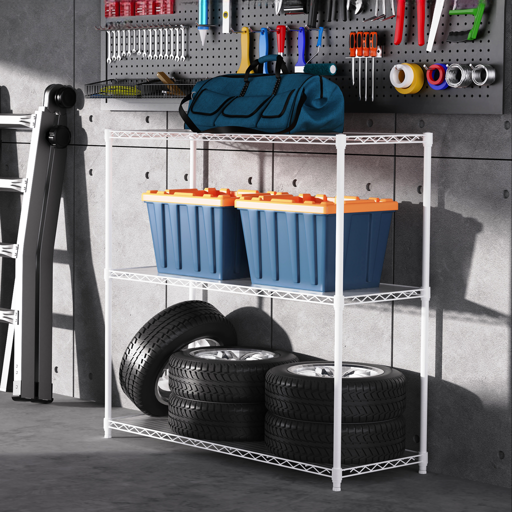 White wire shelving unit with blue storage bins and tires