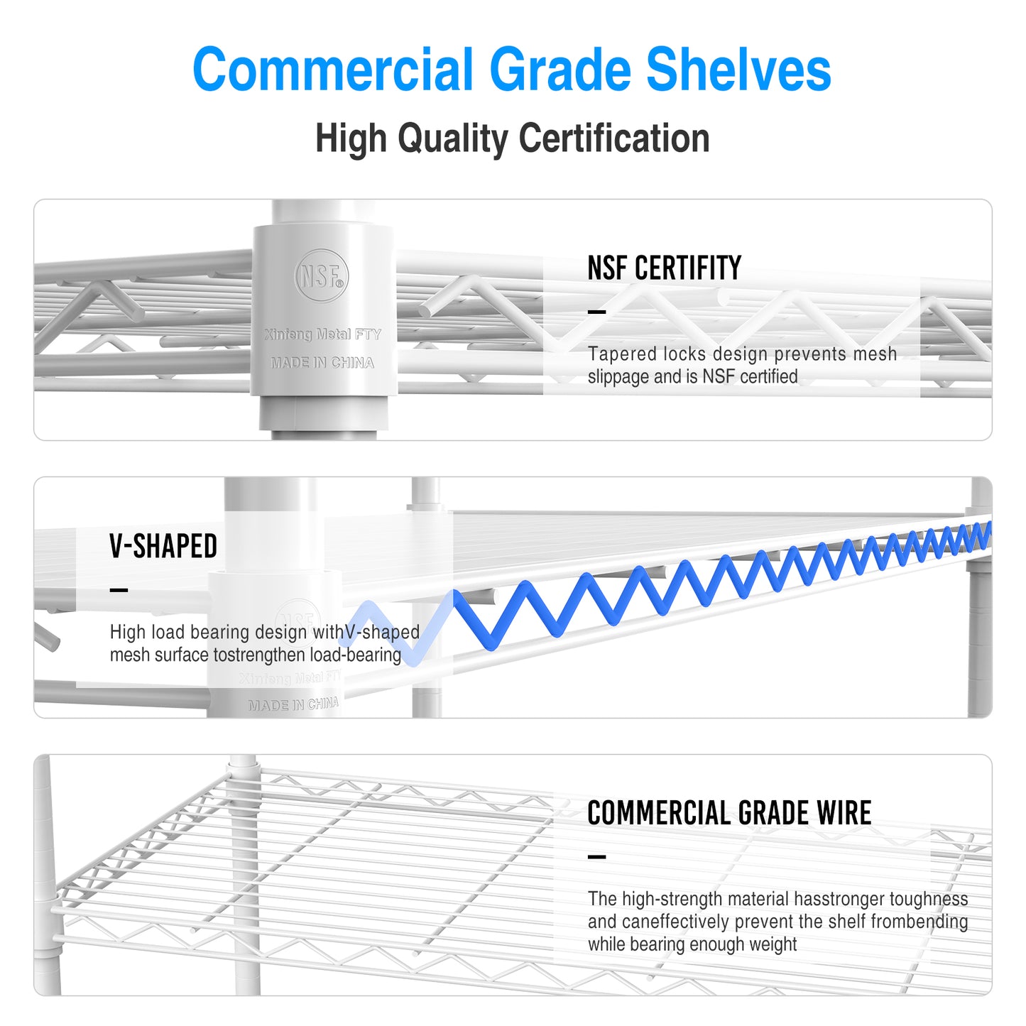 White metal shelf with NSF certification stamp and tapered locks