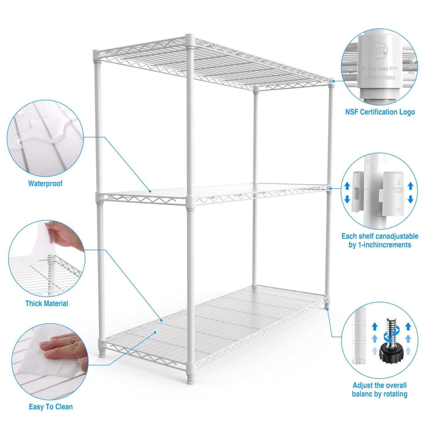 White wire shelving unit with three adjustable shelves