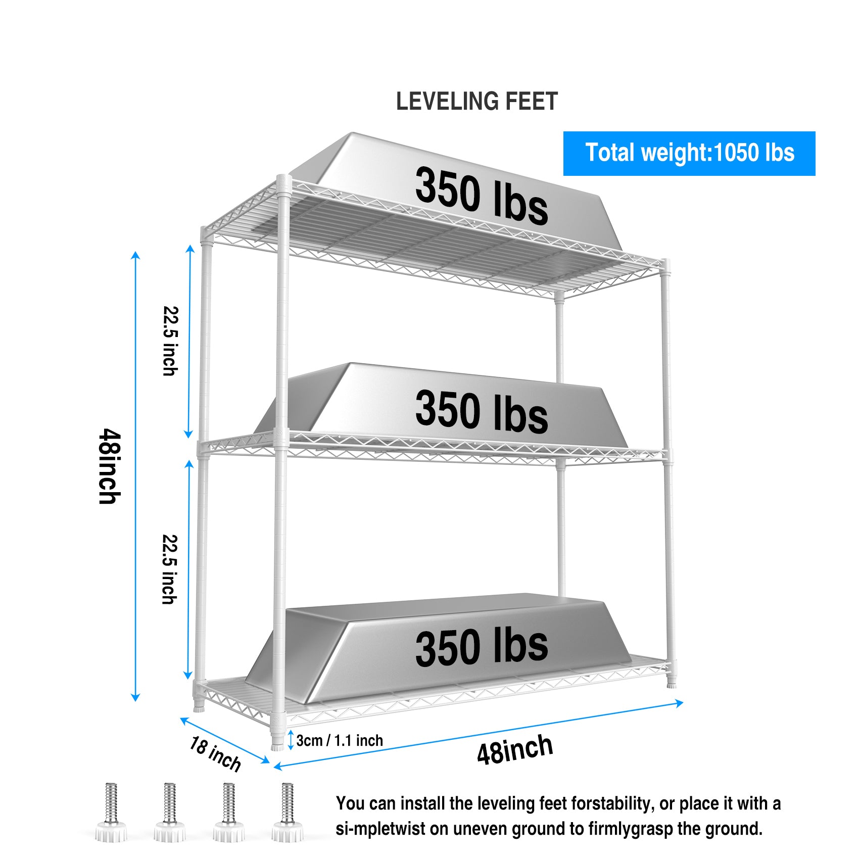 White wire shelving unit with three shelves each labeled  lbs capacity