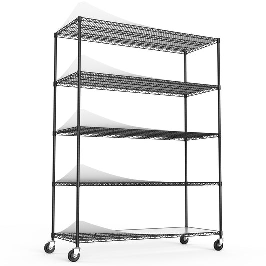 Heavyduty black wire shelving unit with five tiers and casters for easy mobility
