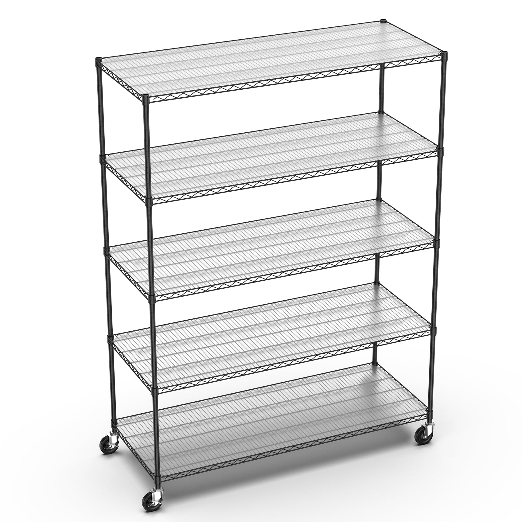 Black tier wire shelving unit with casters for storage