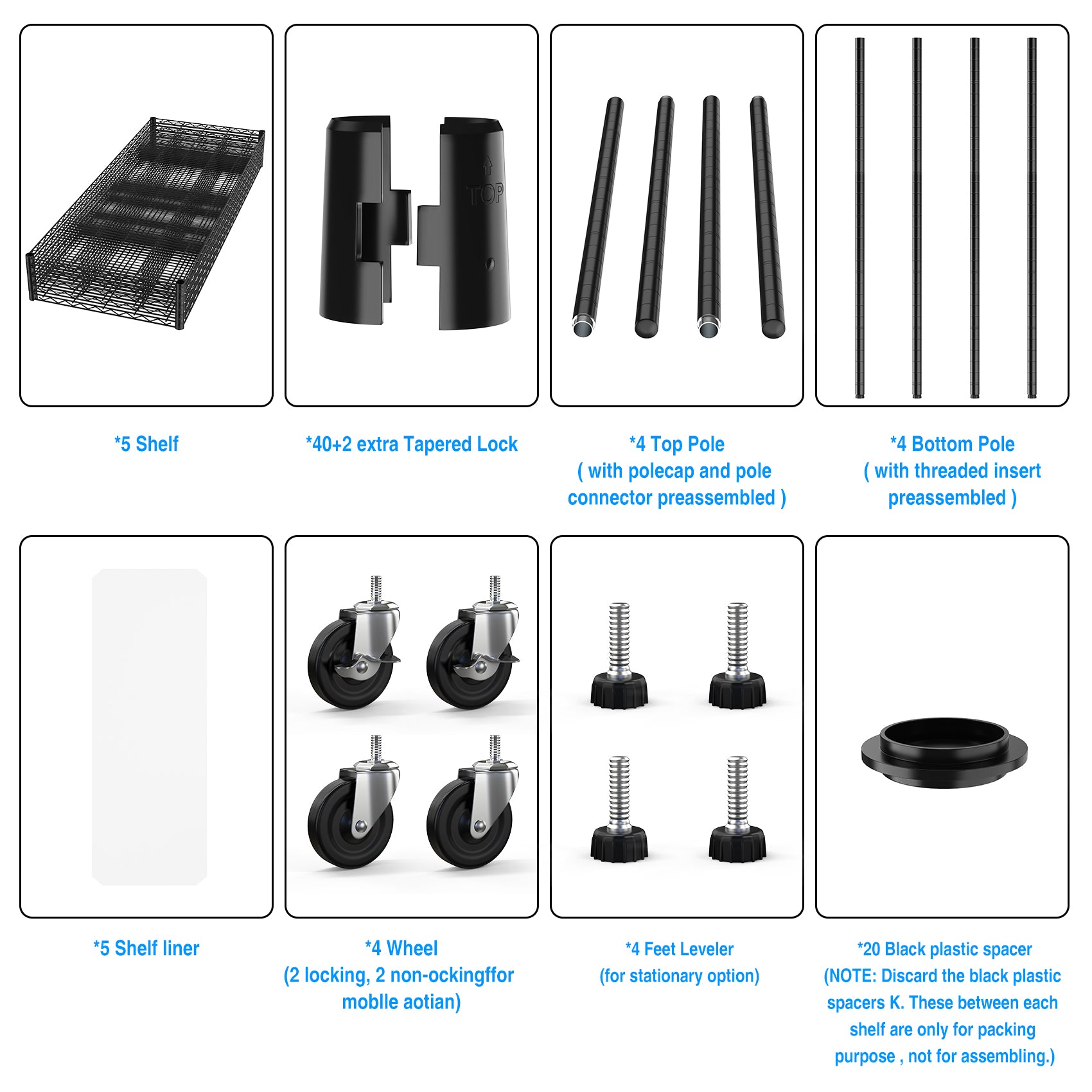 Black wire shelving shelf unit with five tiers for storage
