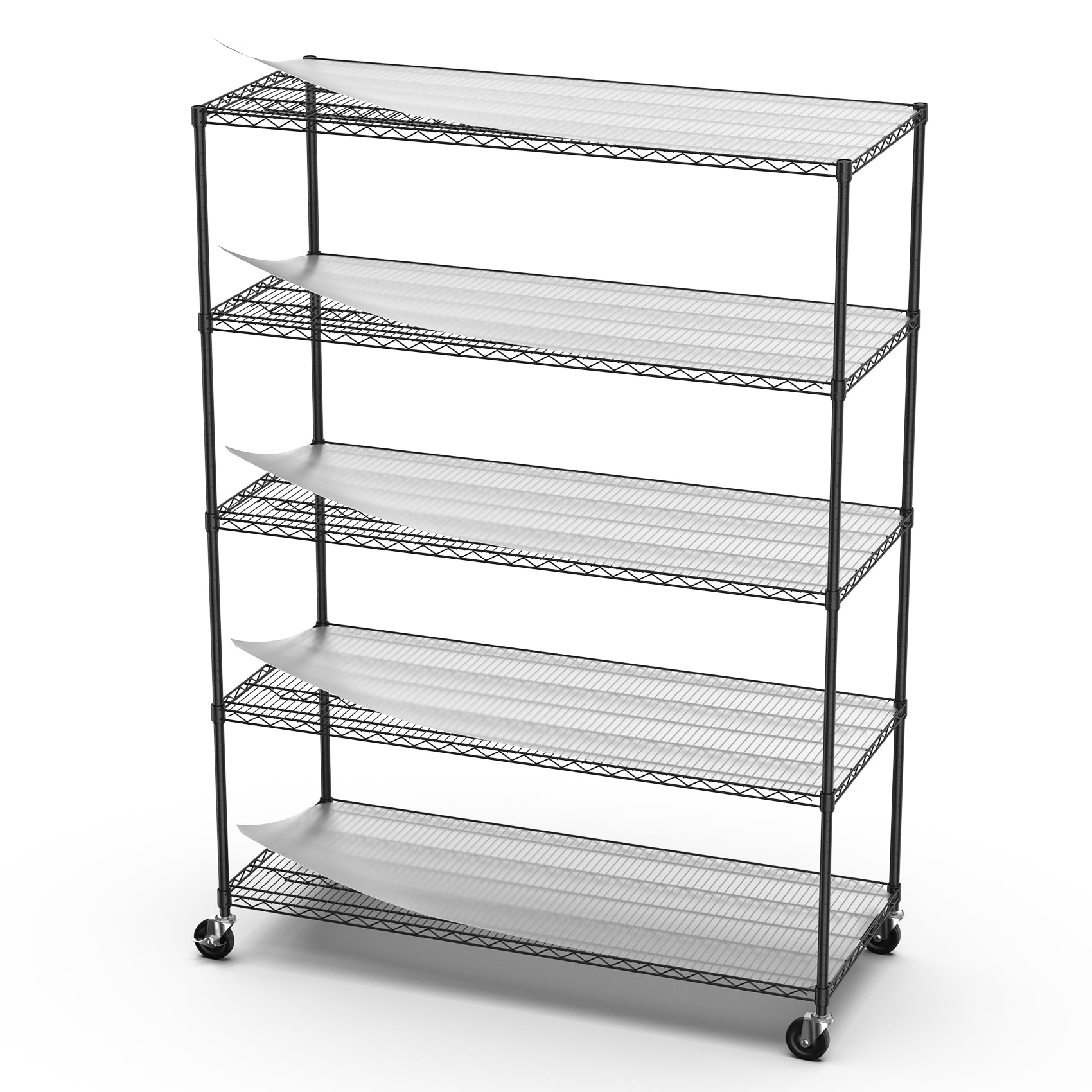 Black tier wire shelving unit with clear liners and casters