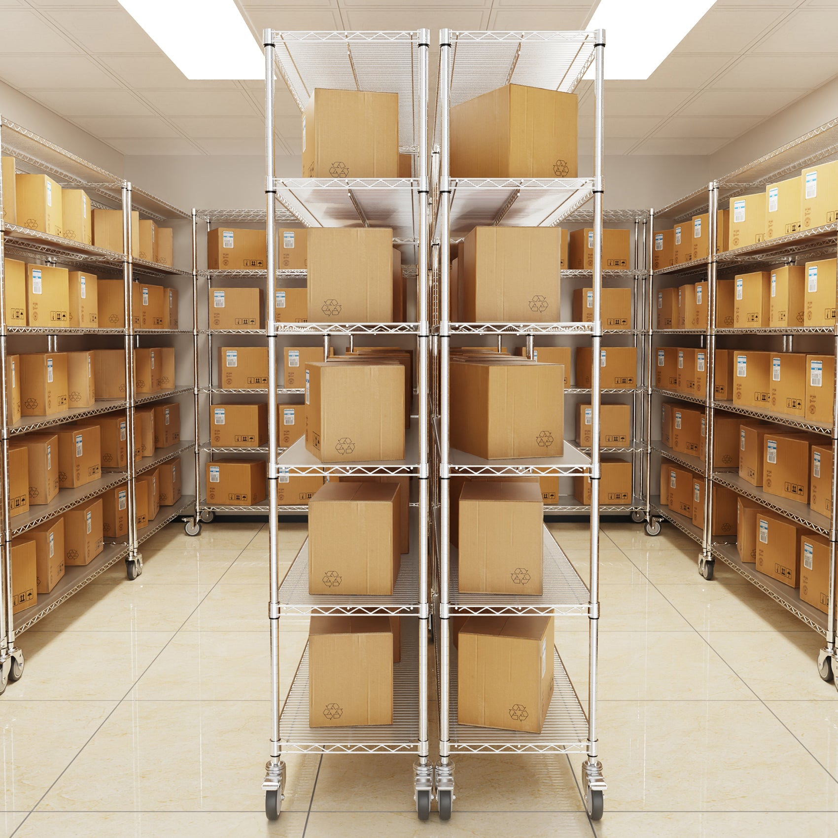 Cardboard boxes on wire shelving units in a storage room