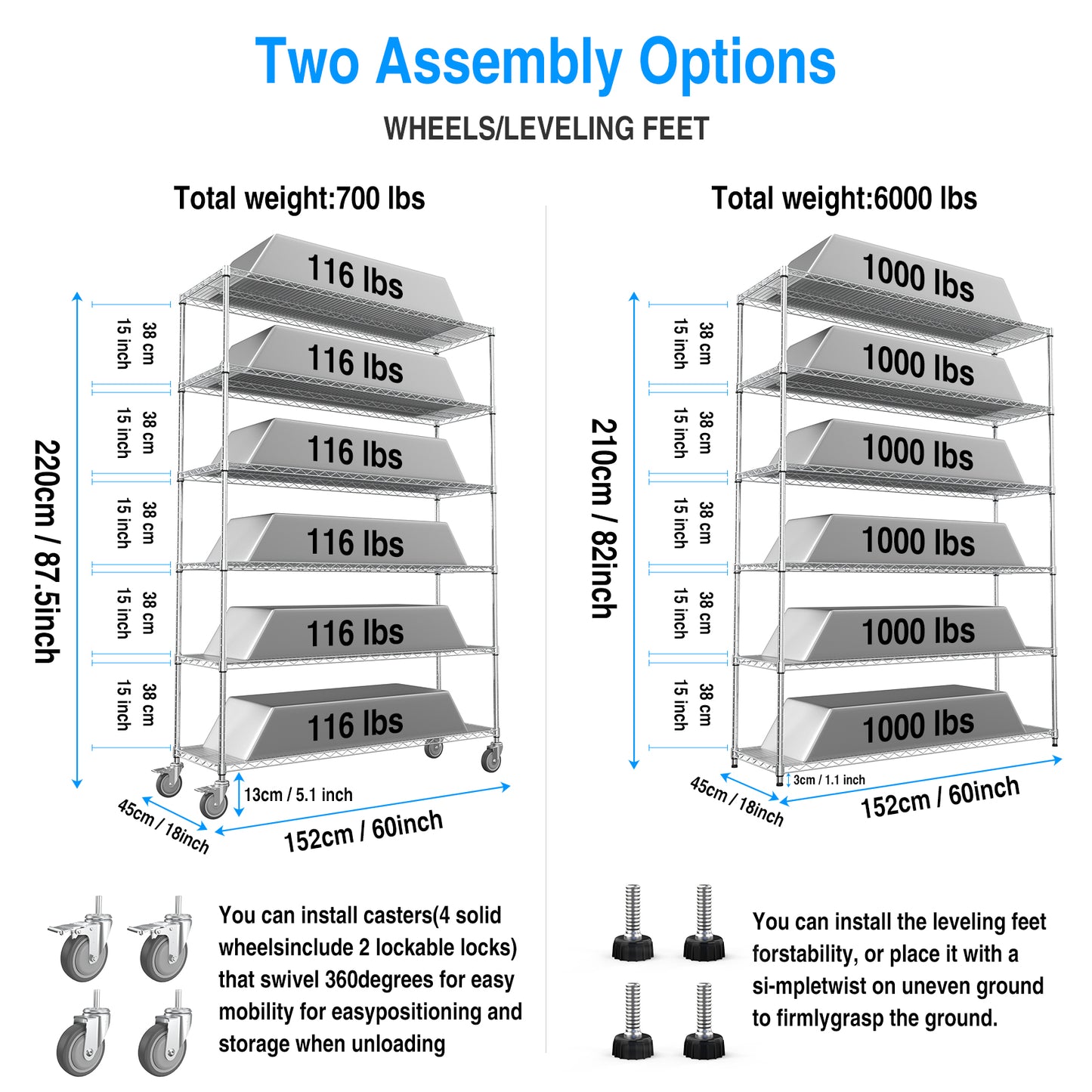 tier shelving unit with  lbs capacity per shelf shown with wheels Heavy duty wire rack
