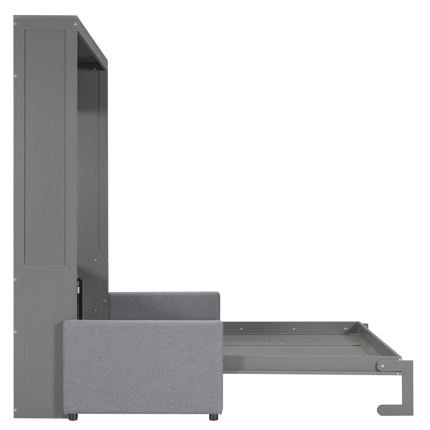 Gray murphy bed cabinet with fabric sofa partially extended