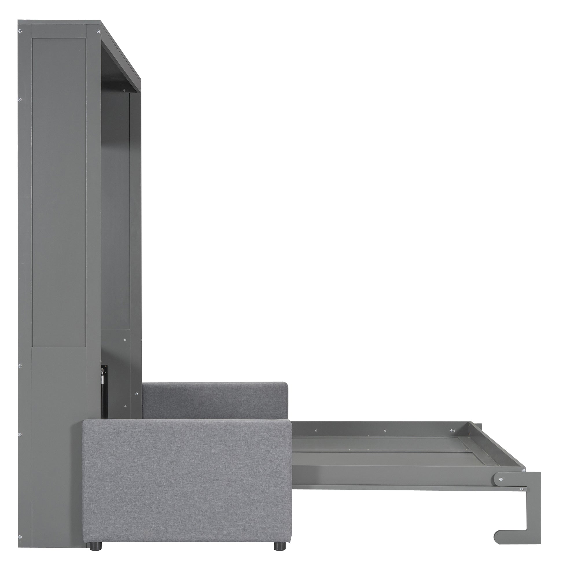 Gray murphy bed cabinet with fabric sofa partially extended