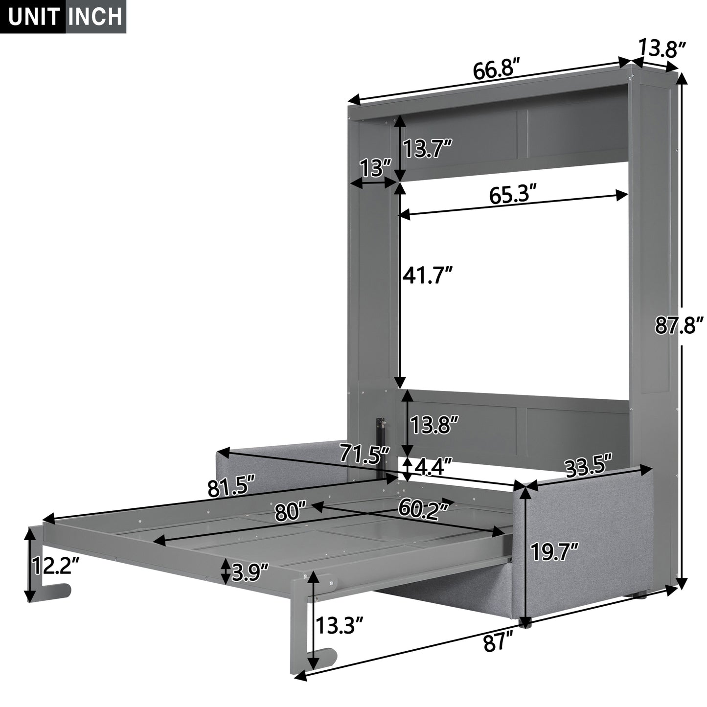 Gray wall bed with opened drawer and dimensions shown
