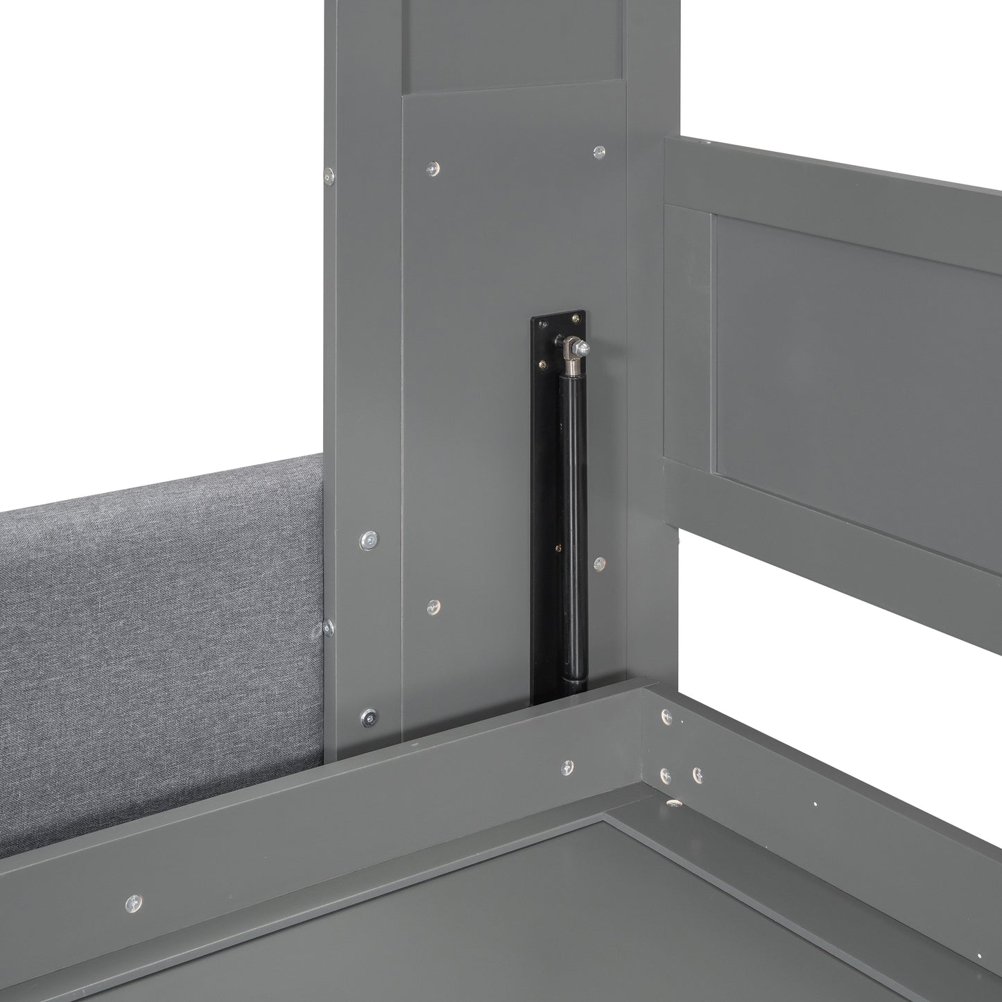 Gray upholstered headboard detail with pneumatic lift mechanism for modern bed frame