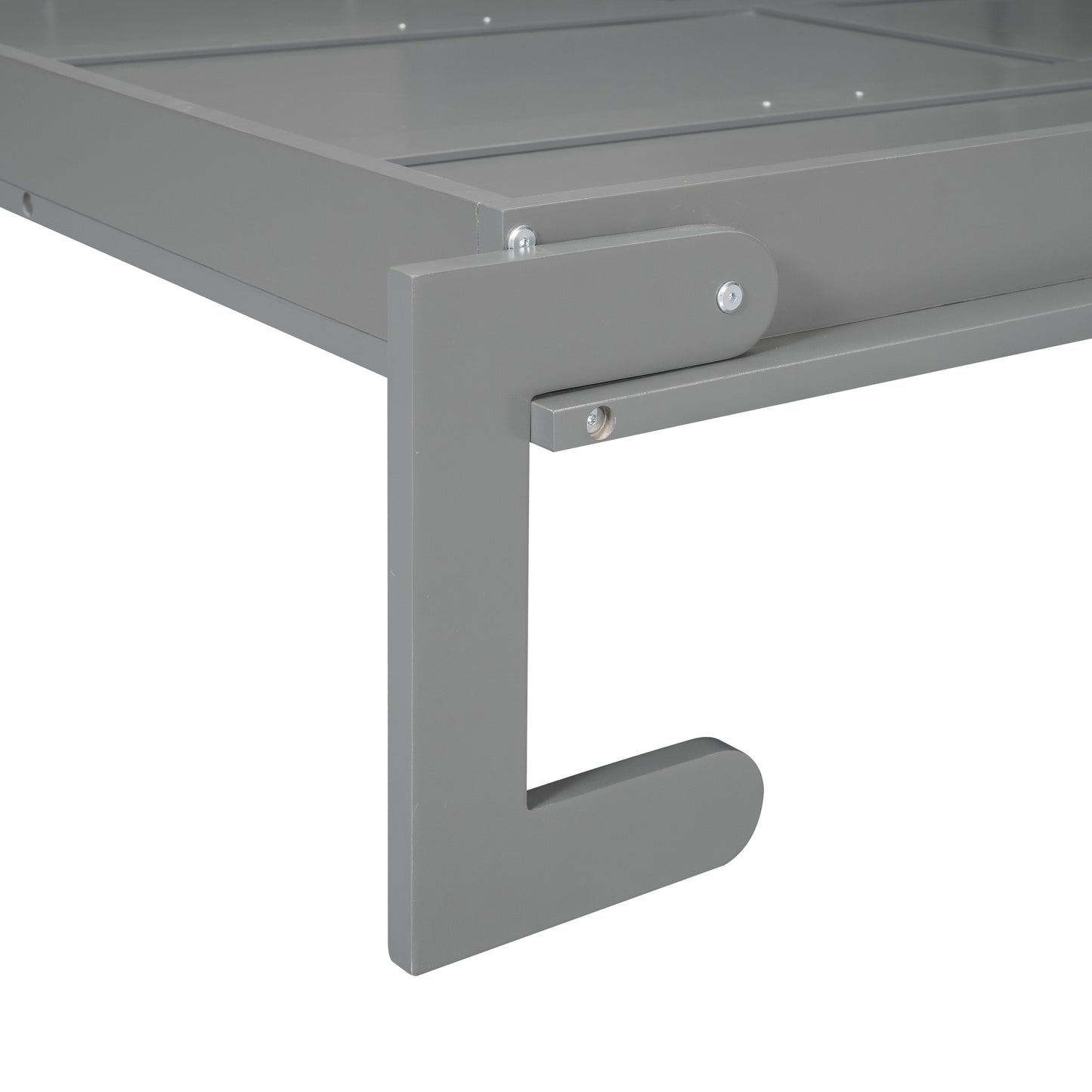 Closeup of grey wooden bed frame support leg